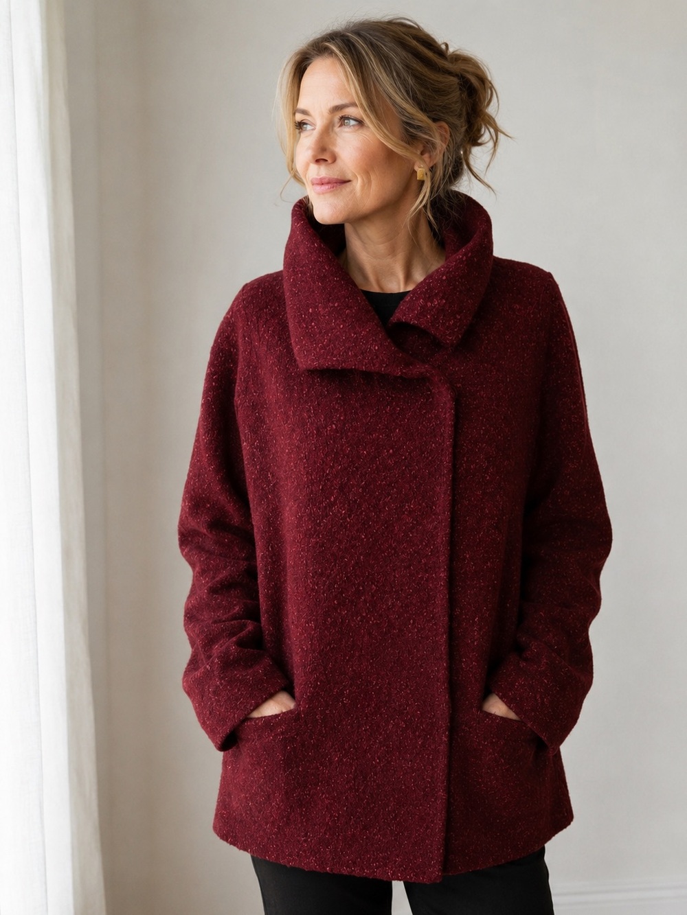 Eileen Fisher L Burgundy Alpaca Wool Silk Bouclé Jacket Asymmetrical Collar